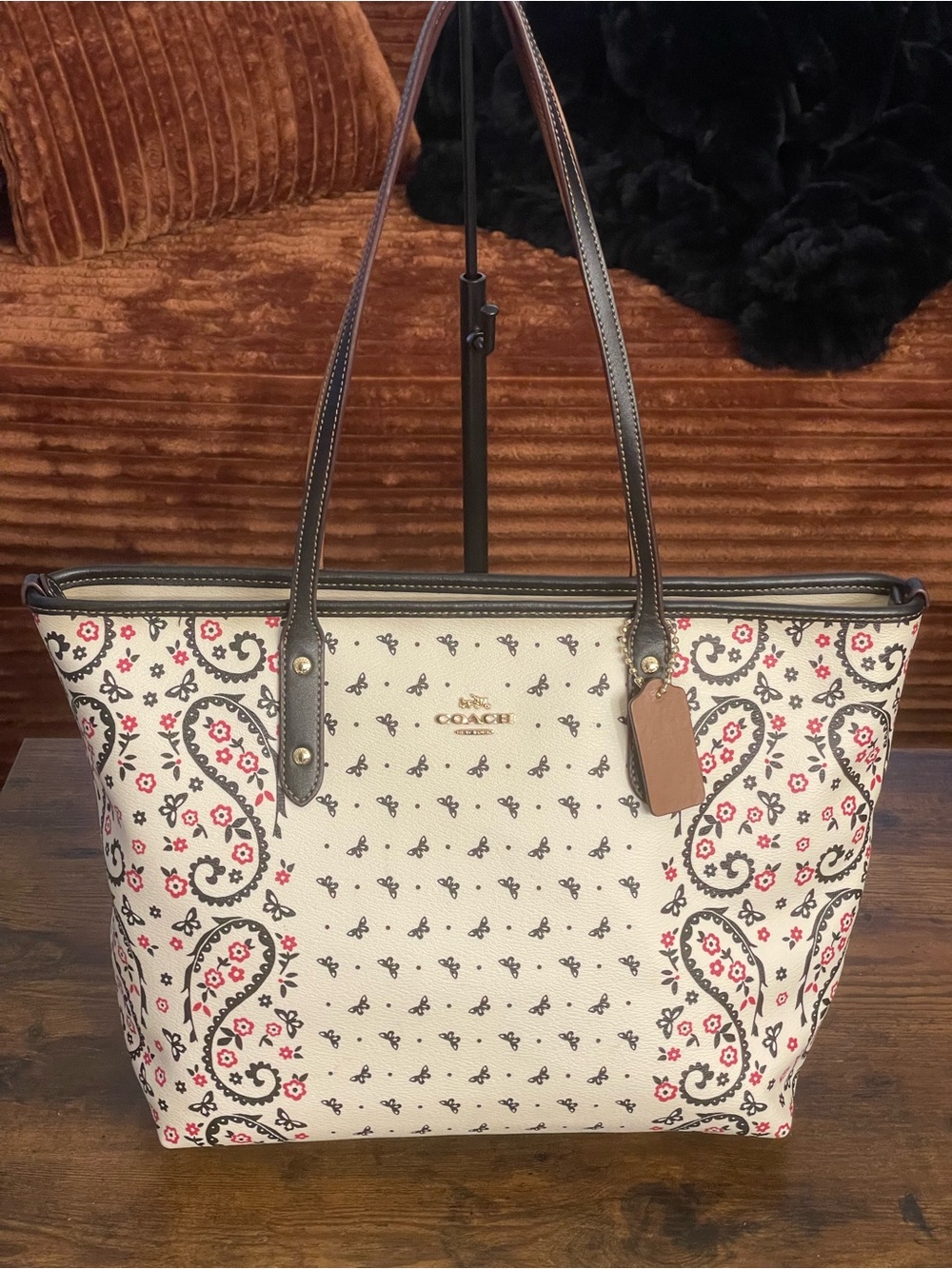 COACH Black & White Butterfly Bandana Print Coated Canvas City Zip Tote